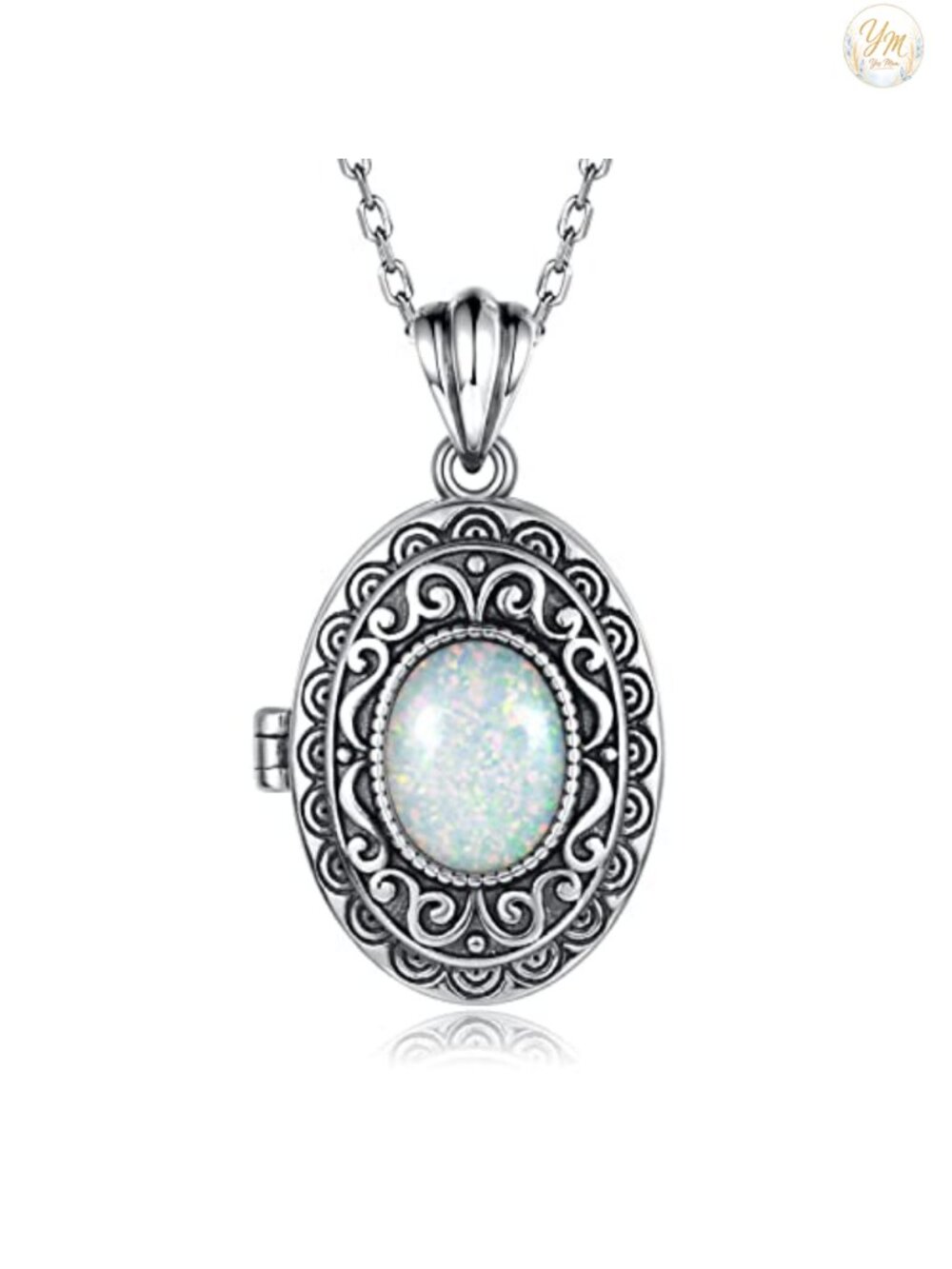 Sterling Silver Locket Necklace Women Opal Engraved